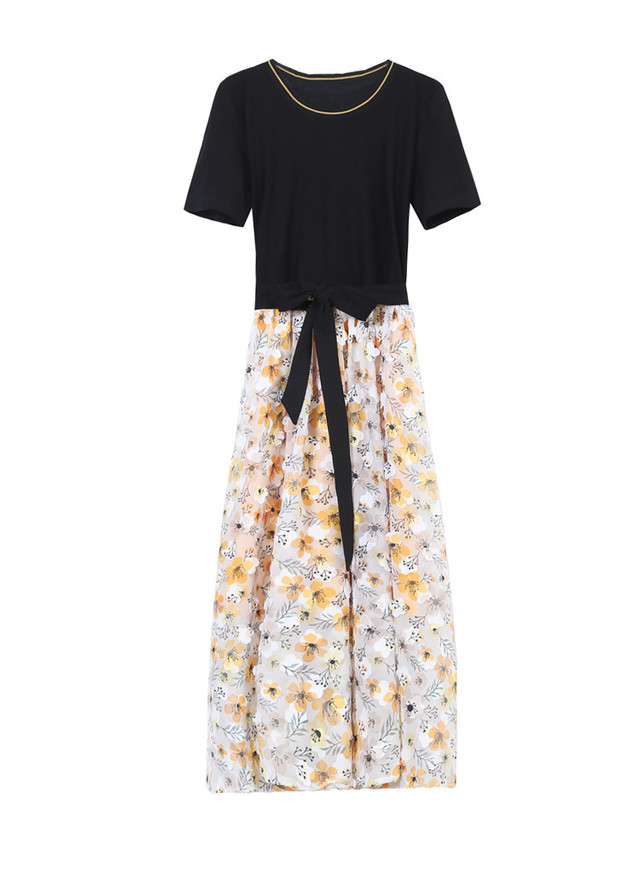 全２色 セットアップ風ワンピース 花柄 ラウンドネック 半袖 Aライン ロング丈 大人可愛い 夏 お出かけ デート 女子会 Dressarroser