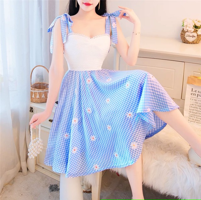 水色 リボン 花柄 白 ワンピース ガーリー Loveysmileshop