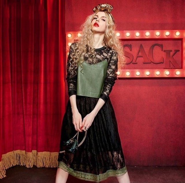 Onepiece04 フェイクレザー ビスチェ付 総レース ワンピース 韓国 原宿 取寄商品 Milky Honey ミルキーハニー