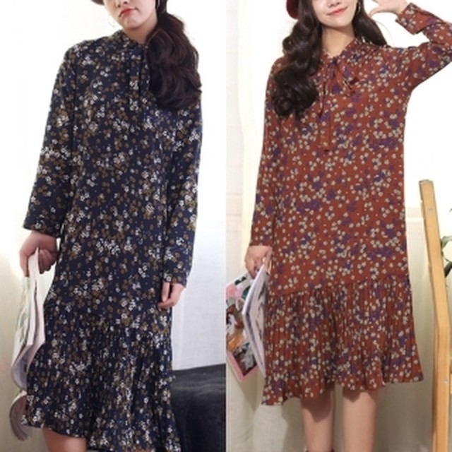 ロング 長袖 ハイネック タイト ミモレ丈 花柄 ワンピース 秋冬 Brillia Style