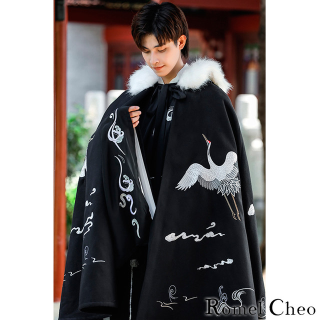3月7日入荷予定 Romelcheo フェイクファー フード付き 鶴柄 刺繍 マント ケープ コート 和装 和服 アウター 取り外し可能 2way 黒 和柄 メンズ レディース アジアン エスニック ストリート系 原宿系 コスプレ 衣装 ファッション ロメルチェオ Romelcheo