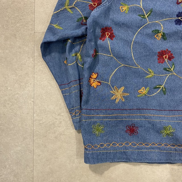 豪華な花柄 デザイン デニム ジャケット 刺繍 花柄 Xl Slut Albatross Vintage