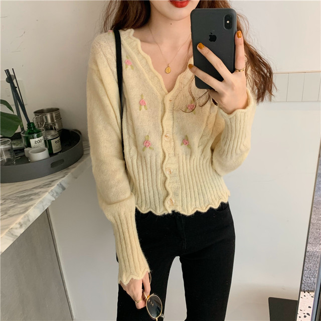 〈カフェシリーズ〉お花の刺繍のシャーベットカーディガン【flower embroidery sherbet cardigan】