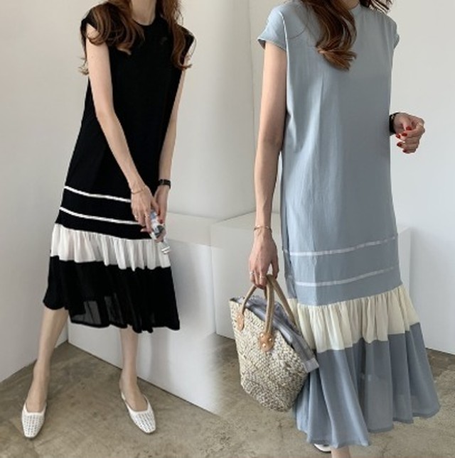 ワンピース ロング丈 フレンチスリーブ ボーダー Iライン シースルー こなれ感 春夏秋 ブラック 水色 ウッディーベース1号店