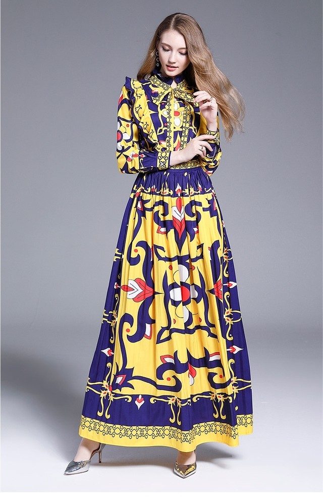 ボウタイ付き フリル マキシ丈 ワンピース 長袖 ロング丈 ドレス 東欧風 テキスタイル 個性的 トライバル柄 花柄 秋冬 お出かけ 謝恩会 発表会 パーティー エレガント 上品 Like Fashion