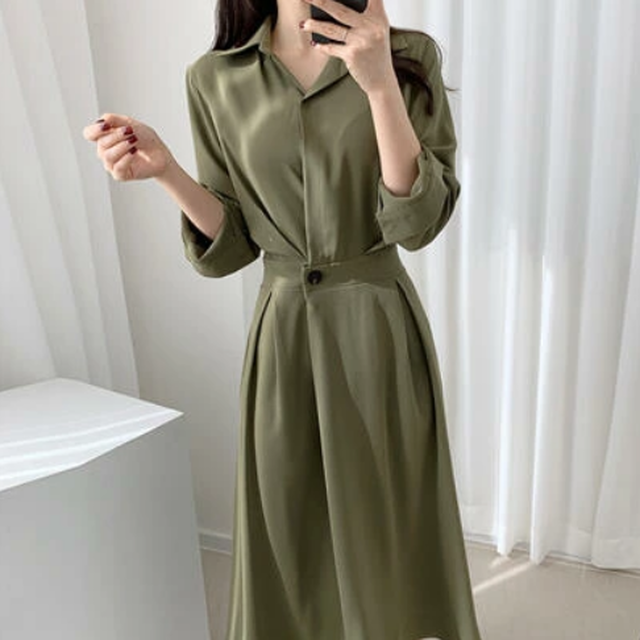 全2色 ワンピース 春 きれいめ 袖あり カジュアル シンプル おしゃれ レディース ワンピ ドレス ブラック 黒 代 30代 40代 50代 7分 袖 ミモレ丈 スリム プリーツウエスト ロングスリーブスカート ａラインスカート ハイウエスト Like Fashion