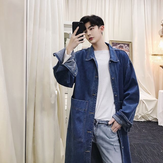 予約販売 メンズ 春 アウター デニムコート ロング丈 ブルー ブラック こなれ感 お洒落 韓国トレンド 春 秋 M L Xl 2xl Favoriteselect