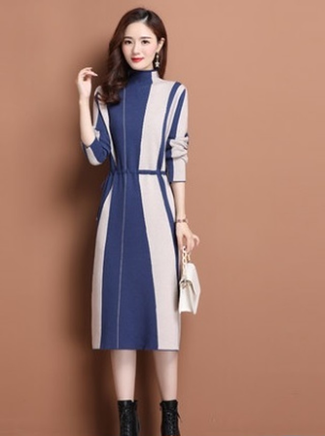 ワンピース 暖かい 細見え 裏起毛 秋冬 普段使い お呼ばれ お出かけ デート 白 黒 ブラウン ブルー バイカラー ハイネック 大きめ ストライプ 大人 カジュアル きれいめ 清楚 可愛い 上品 シンプル ゆったり Aライン 長袖 ミモレ丈 人気 トレンド 10代 代