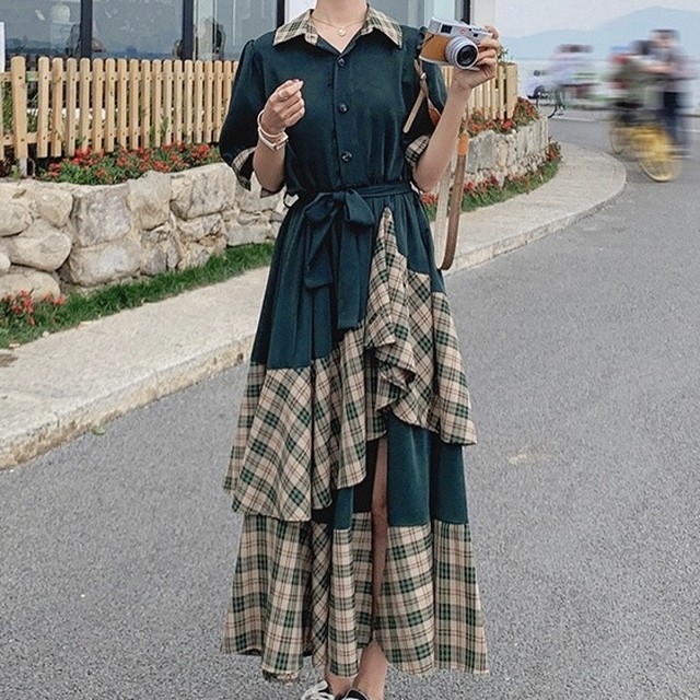 No 610 レディース シャツワンピース 2段フリル チェック 切替 アシメ おしゃれ 可愛い 韓国ファッション 韓国のプチプラレディース 子供服ショップ Sourire