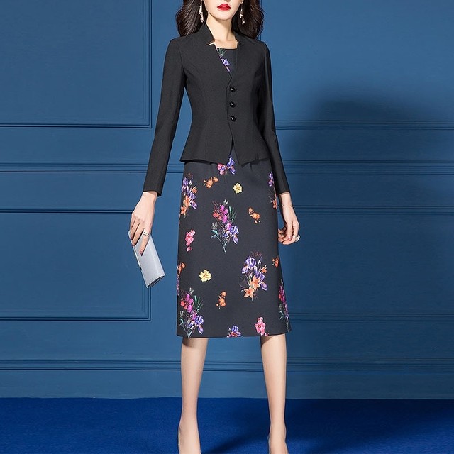 2点セット スーツ セットアップ ジャケット ドレス スーツ ワンピース 膝丈 大きいサイズ 花柄 ノースリーブ 通勤 Ol オフィス ビジネス 入学式 入園式 卒業式 卒園式 Goldayahiro