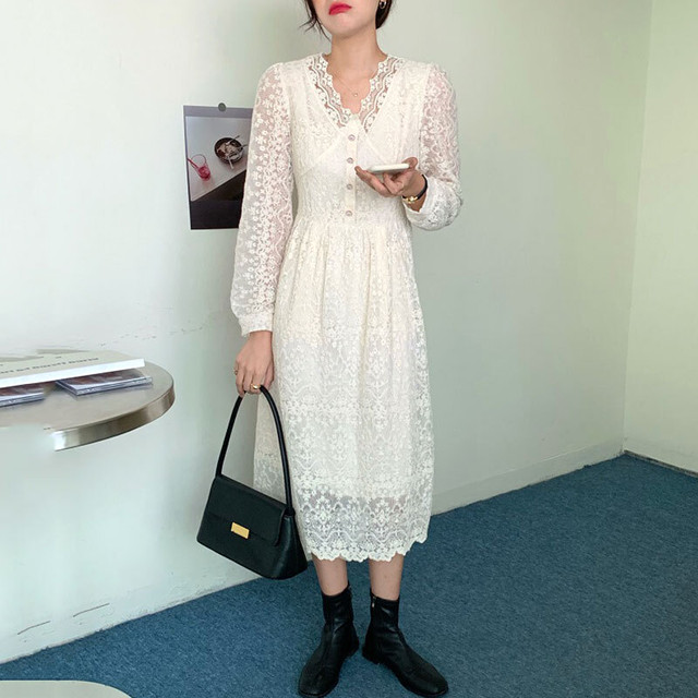 2色 レース ワンピース ロング丈 長袖 秋 冬 デート レディース ファッション 韓国 オルチャン Cocotown