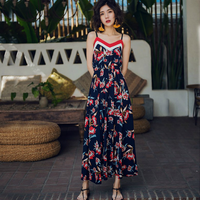 ワンピース 花柄 ボタニカル柄 リゾート シフォン エレガント 大花柄 大人っぽい ビビット マキシ丈 キャミワンピ ウエスト切替 抜け感 Seriep