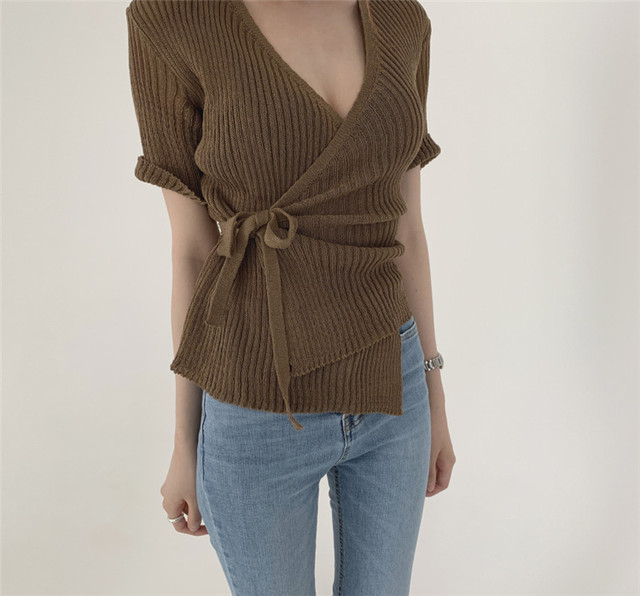 サマーニット レディース 半袖 コーデ 薄手 着こなし きれいめ 黒 透け感 スキニー 茶色 通販 夏 人気 モテる 安い ゆったり ゆるめ リボン ルーズ Vネック ニット カシュクール トップス 着こなし 大きいサイズ 2596 Sayurio レディースアパレル ファッション プチプラ