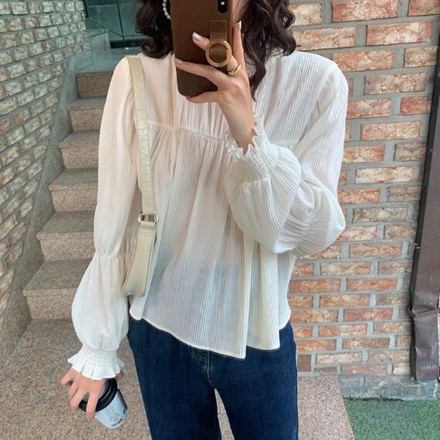 レディース トップス ブラウス スタンドカラー フリル襟 長袖 パフスリーブ 無地 シアー 大人可愛い お出かけ デート 秋 オフホワイト Virtue