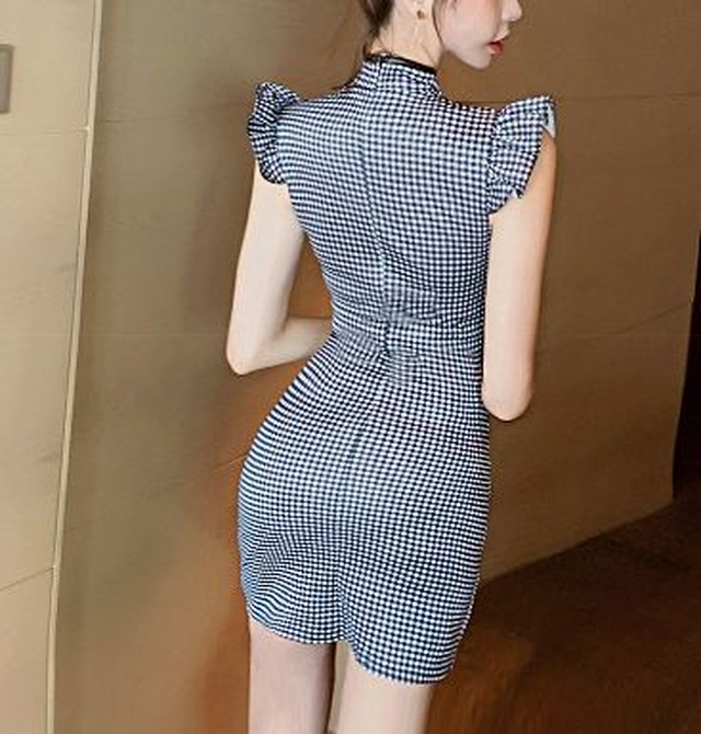 キャバドレス 激安 キャバ ドレス 大きいサイズ 可愛い ミニワンピース レディース タイトワンピース ミニ丈 チャイナドレス ギンガムチェック フリル袖 Jm9098 ワンピの里