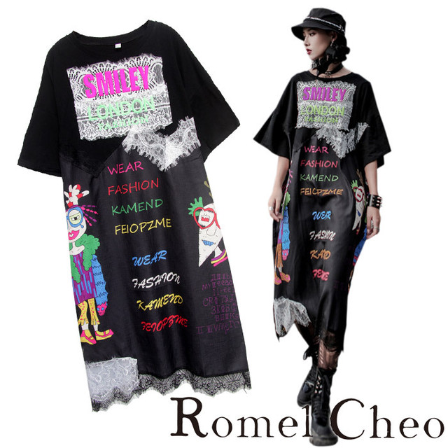 Romelcheo カラフルシャツワンピ ロングワンピース ゆったり 半袖 ロングtシャツ ストリート系 レース 涼しい 夏ワンピ 原宿系 モード系 サブカル ゆめかわ かわいい 青文字系 ファッション ロメルチェオ Romelcheo