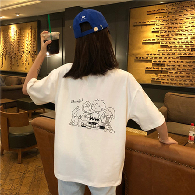 バックイラストデザインtシャツ カットソー フェミニン トップス ナチュラル レトロ 大人可愛い フェミニン トレンド 春夏 韓国ファッション Thicc