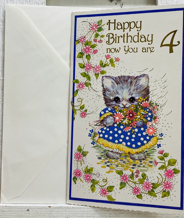 4歳のお誕生日を祝うバースデーカード イギリス 70年代 メッセージカード Weekendcats