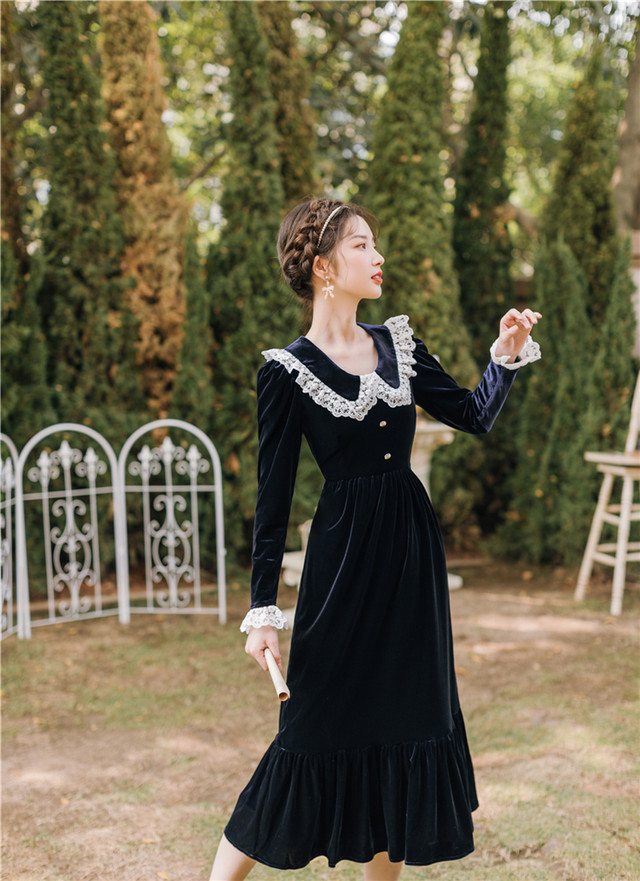 ワンピース 冬 秋 ロング 長袖 ロングワンピース 秋冬 冬 長袖 ベロア ワンピース 英国風 かっこいいワンピース 可愛い ワンピース ベルベット ベロア レディース Rgwp 045 ふくふくの木