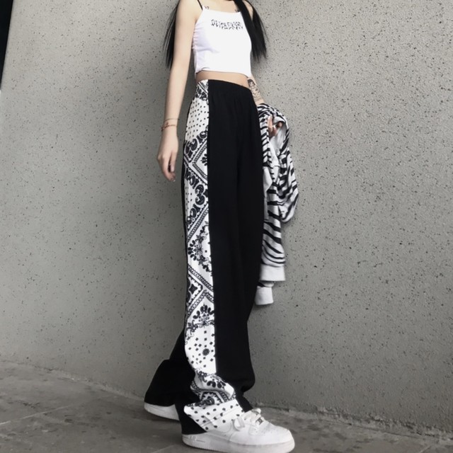 バンダナ柄 ハイウエスト 美脚 柄パンツ カジュアル ストリート メンズライク ダンス 脚長 スタイルアップ モノトーン Sunrise0911