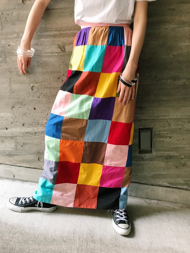 70s Handmade Multi Color Patchwork Long Cotton Skirt ヴィンテージ ハンドメイド マルチカラー パッチワーク コットン ロングスカート Riyad Vintage Shop