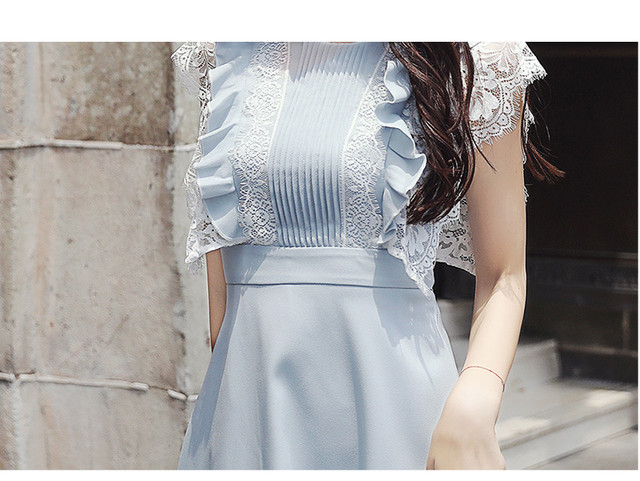 ノースリーブ レース ワンピース お嬢様系 ミニワンピ 清楚 爽やか 上品 デート お呼ばれ 二次会 ブルー おしゃれ かわいい 韓国ワンピ K277 Korean Select 韓国ファッション オルチャンファッション
