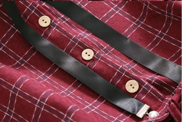 レトロ風 チェック ワンピース 長袖 レトロ ヨーロッパ風 ベルベット 秋 冬 膝丈 ウエスト スリム 蝶ネクタイ リボン 英国 Sugar Daystyle シュガーデイスタイル