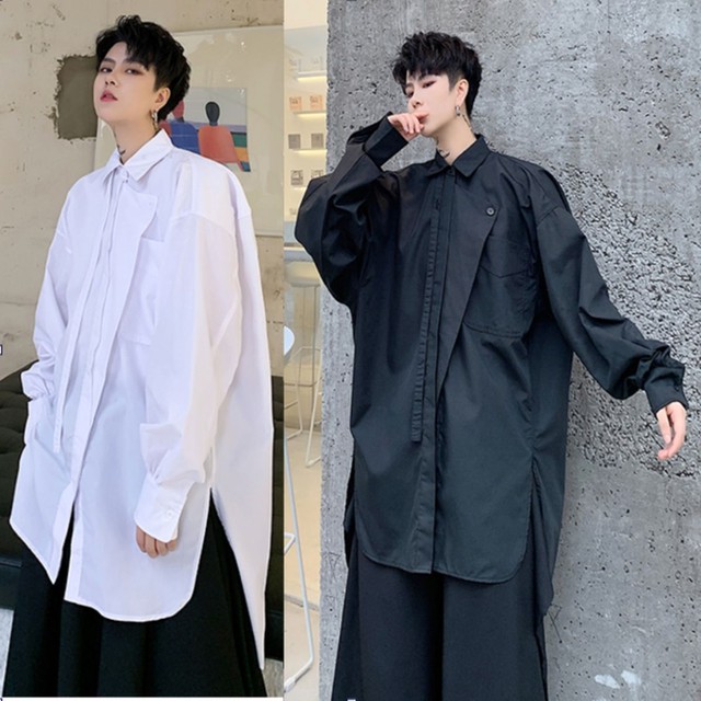 ロングテール 長袖 シャツ ロングスリーブ イレギュラープラケット サイドスリット メンズ ユニセックス レディース ホワイト 白 ブラック 黒 お支払い後日以内に発送 Top095 Loveless