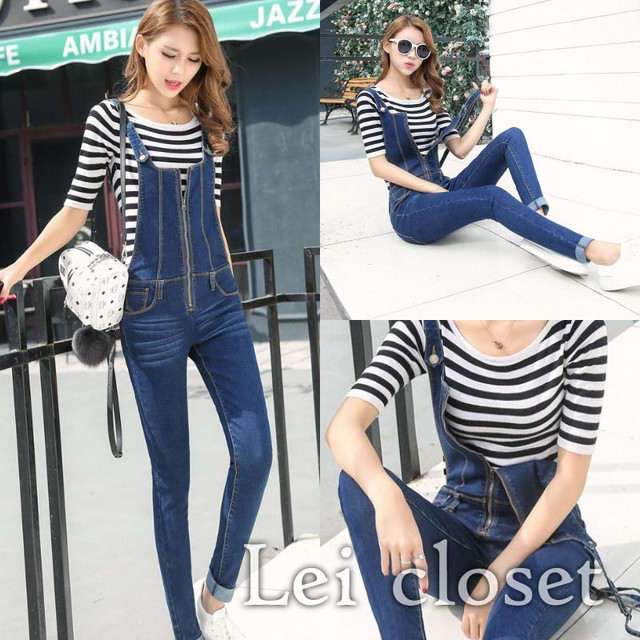 取寄 サロペット デニム パンツ タイト スキニー フロントジッパー ロング オーバーオール オールインワン レディース Leicloset