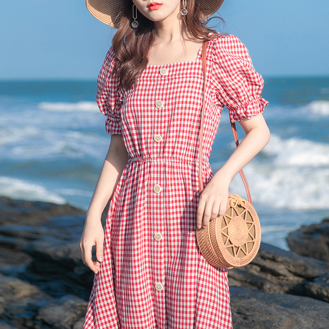 ワンピース 半袖バルーンスリーブ レッド ギンガムチェック チェック Aライン スクエアネック 夏 リゾート ビーチ 大人 可愛い ガーリー 爽やか フェミニン デート 旅行 海 おしゃれ Preirie East プレイリー イースト
