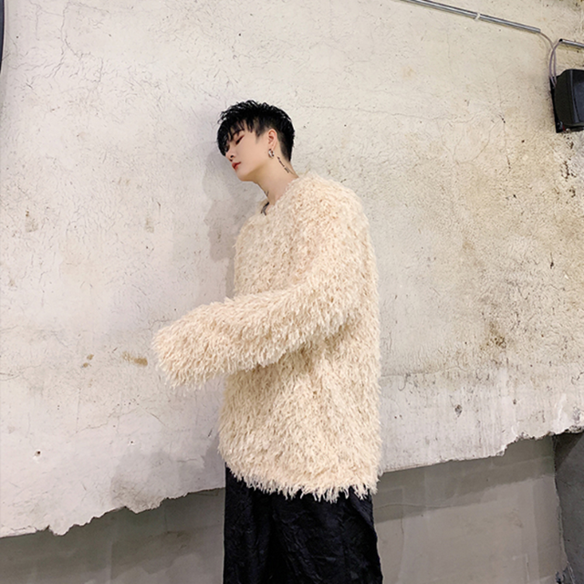 ループ オーバーニット メンズ ユニセックス 黒 ブラック ベージュ クリーム色 モード系 ビックシルエット オーバーサイズ ドロップショルダー ゆったり もこもこ ボリュームニット 長袖 ニット セーター ニットワンピ 韓国 原宿系 個性的 ストリート お支払い後日