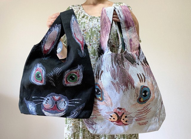 ナタリーレテ ジャガード トートバッグ 白うさぎの顔 ホワイト Loosey Goosey