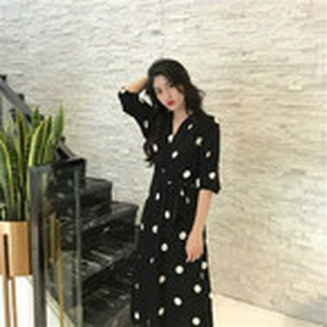 韓国系 ドットワンピース ロング レトロ ロングワンピース おしゃれ かわいい 水玉模様 Apaiti 韓国系 ドットワンピース ロング レトロ ロングワンピース おしゃれ かわいい 水玉模様 Apaiti