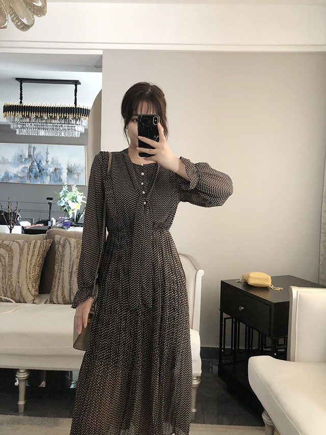 ワンピース シフォンワンピース シフォン ミモレ丈 ロング丈 襟付き 長袖 Aライン ボウタイ 大人可愛い セクシー こなれ感 きれいめ エレガント お嬢様 韓国 清楚 レトロ 代 30代 春夏 今期 お呼ばれ お出かけ デート 女子会 よそ行き ハイウエスト レディース 黄色 黒