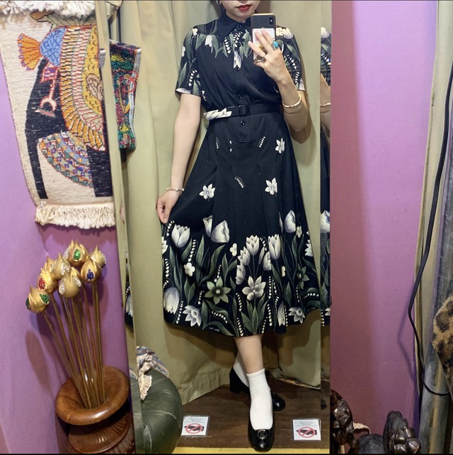 Hanaemori One Piece Black ハナエモリ ワンピース 花柄 ベルト付き 黒色 Uta