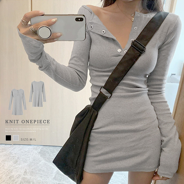 即納 ミニ丈 タイト ワンピース 長袖 ヘンリーネック イレギュラースリーブ ショート丈 ニットワンピ セクシー レディース M L 黒 ブラック グレー Ns 1149 Daily Closet