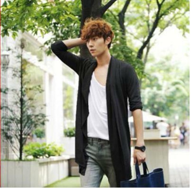 No 3802 ブラック L カーディガン メンズ ロング ニット長袖 ルーズ ショール 薄手 Next Dream