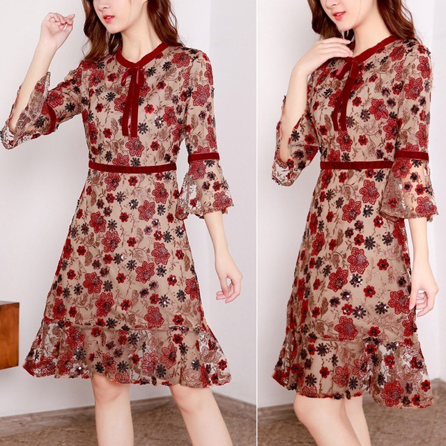 フラワーレース刺繍ワンピース 大人可愛い 花柄 トレンド ネックリボン 七分袖 ベルスリーブ フレア Aライン 膝上丈 フェミニン パーティー お呼ばれ フォーマル イベント 春夏 秋 レディース Ka0547 Shine Closet