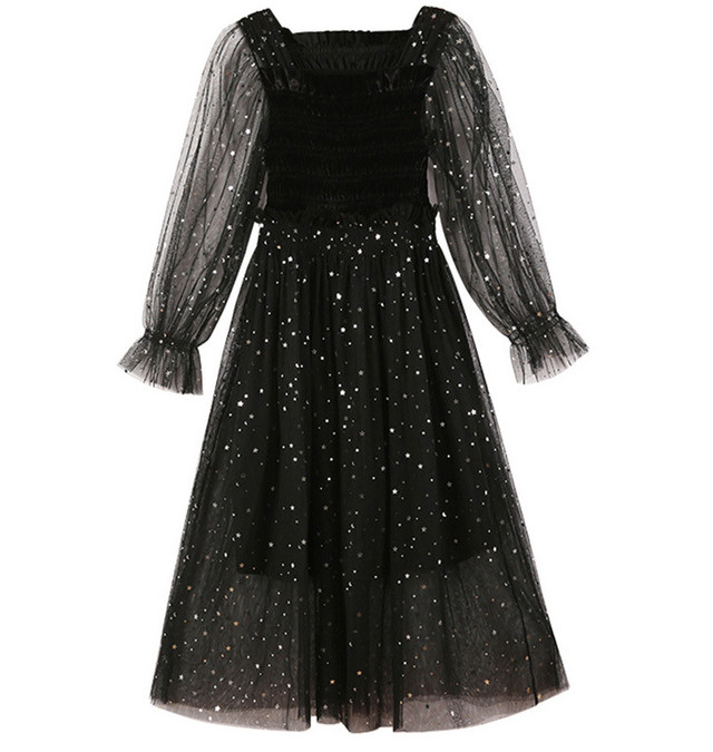 19レディース チュール ワンピース ロング レース 星柄 Aライン アレア 薄い ゆったり キラキラ お嬢様 特売チャンネル