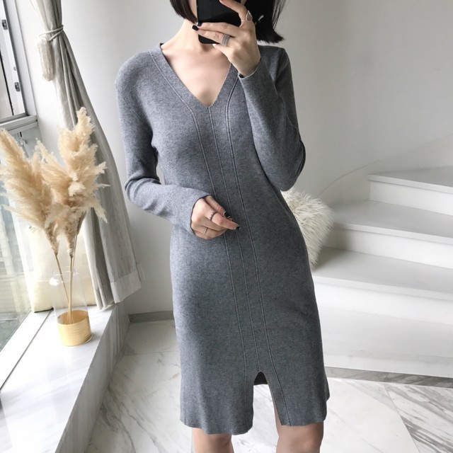 ワンピース ニット タイト レディース Vネック ロング マキシ ミモレ ミディアム丈 ミニ トップス ブラウス スリット Fsk1872 Alice Mode