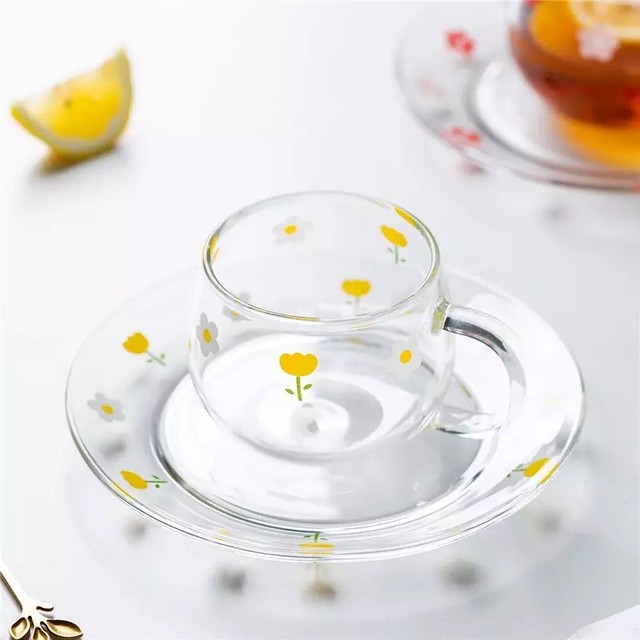 お取り寄せ商品 3点セット ティーカップ ガラス 花柄 ティースプーン ソーサー カップ アンティーク Teatimepot