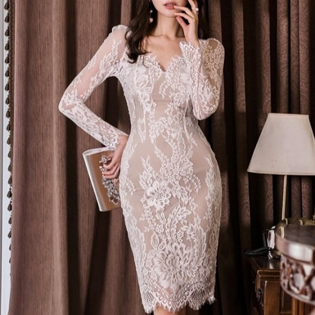 結婚式 ドレス お呼ばれ ワンピース 30代 代 40代 タイトワンピース 膝丈 レースワンピース レディース セクシー ワンピース ワンピースドレス ｖネック Jm9185 ワンピの里