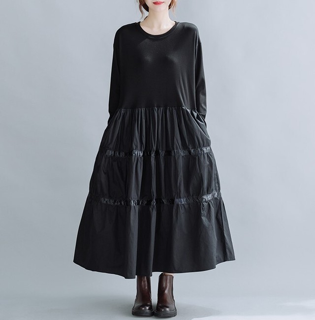 レディースファッション 40代 ファッション 秋冬 エレガント きれいめ 大人 30代40代50代 長袖 ロングワンピース ロング丈 ラウンドネック 切替 ギャザーワンピース Aライン ゆったり ルーズ 体型カバー マタニティウェア カジュアル かわいい 大人可愛い お出かけ デート