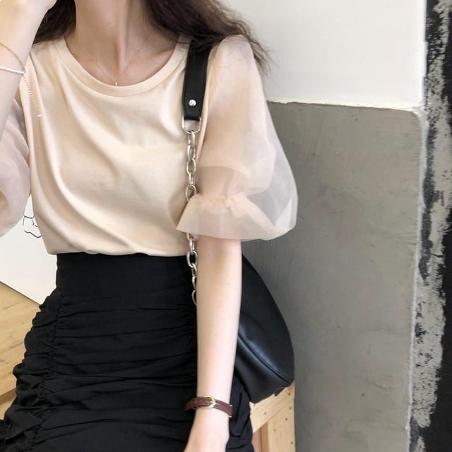 韓国 ファッション レディース Tシャツ トップス パフスリーブ シースルー 透け感 ゆったり 半袖 カジュアル セクシー きれいめ 大人可愛 ブラック アプリコット シンプル ボリューム袖 無地 お出かけ デート 10代 代 アラサー 夏 Sz141 Sunny Place