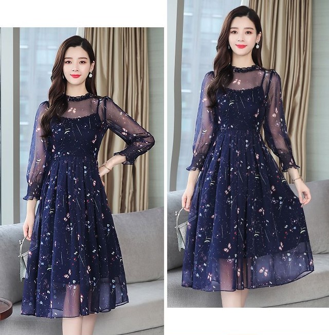 ワンピース ドレス ミドル丈 ミモレ丈 長袖 クルーネック 透け感 シースルー レイヤード風 七分袖 ギャザー フリル袖 バタフライ 蝶 Aライン くびれ 可愛い ガーリー フェミニン 上品 大人 エレガント パーティー 披露宴 結婚式 二次会 お呼ばれ ウッディーベース1号店