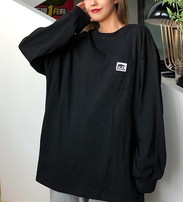 ワンポイントロゴでオシャレ感up ロングｔシャツ 黒 紫 Stepwall