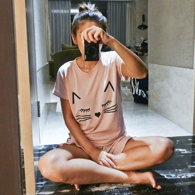 Tシャツ ショートパンツ セットアップ ルームウェア 部屋着 にゃんこ 猫 フリル レディース 上下2点 トップス カットソー Nary ゴルフウェア セットアップ ワンピース 韓国ファッション通販