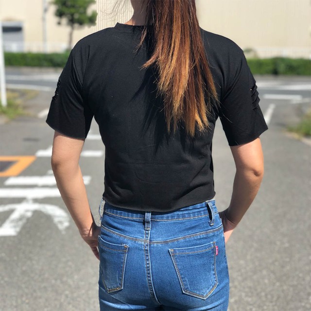 へそ出し トップス レディース 半袖 ロゴ Tシャツ ダメージ シャツ ショート丈 白 黒 文字 プリント 春 夏 お洒落 トップス Infini Arc En Ciel