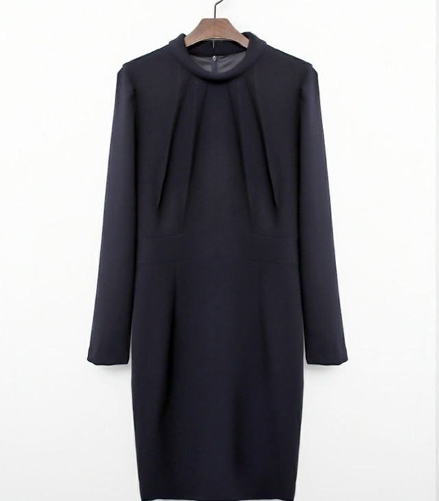 レディース春秋長袖ワンピースタック入りワンピース通勤カジュアルワンピース紺色 Junki S Colletion