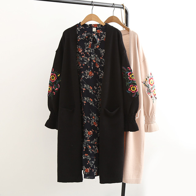 秋冬 エスニック花柄刺繍ロングカーディガン 通勤 通学 プチプラ 送料無料 ボリューム袖 バルーン袖 韓国風 レディース 韓国レディース キッズファッション Londonbridge ロンドンブリッジ